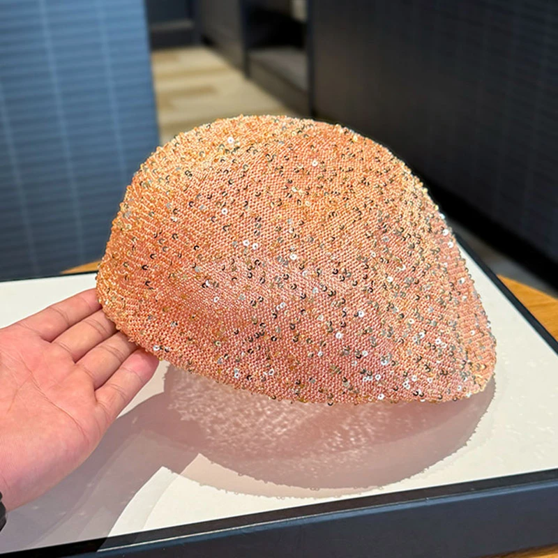 设计师款亮片定型贝雷帽子女夏季薄款潮酷前进帽时尚显脸小画家帽