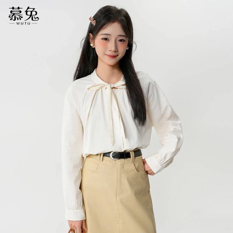 慕兔小个子蝴蝶结系带长袖衬衫女2025夏季新款设计感小众宽松上衣
