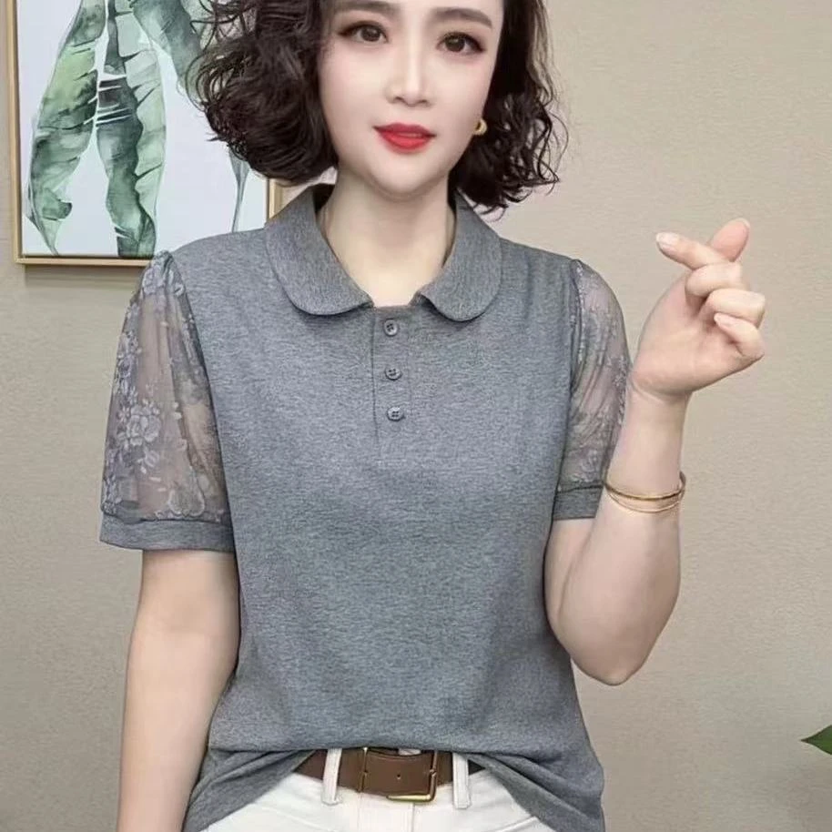 2025洋气夏季新款蕾丝T恤显瘦时尚气质妈妈镂空减龄上衣短袖顺