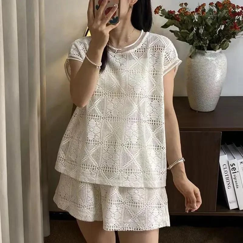 高级感重工蕾丝女夏三件套2025新款 短袖短裤套装 宽松百搭