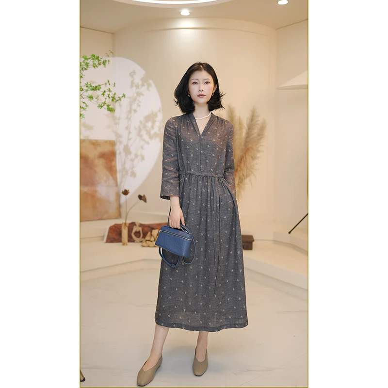 原形气质V领八分袖亚麻连衣裙女2025秋季收腰显瘦优雅长裙91702