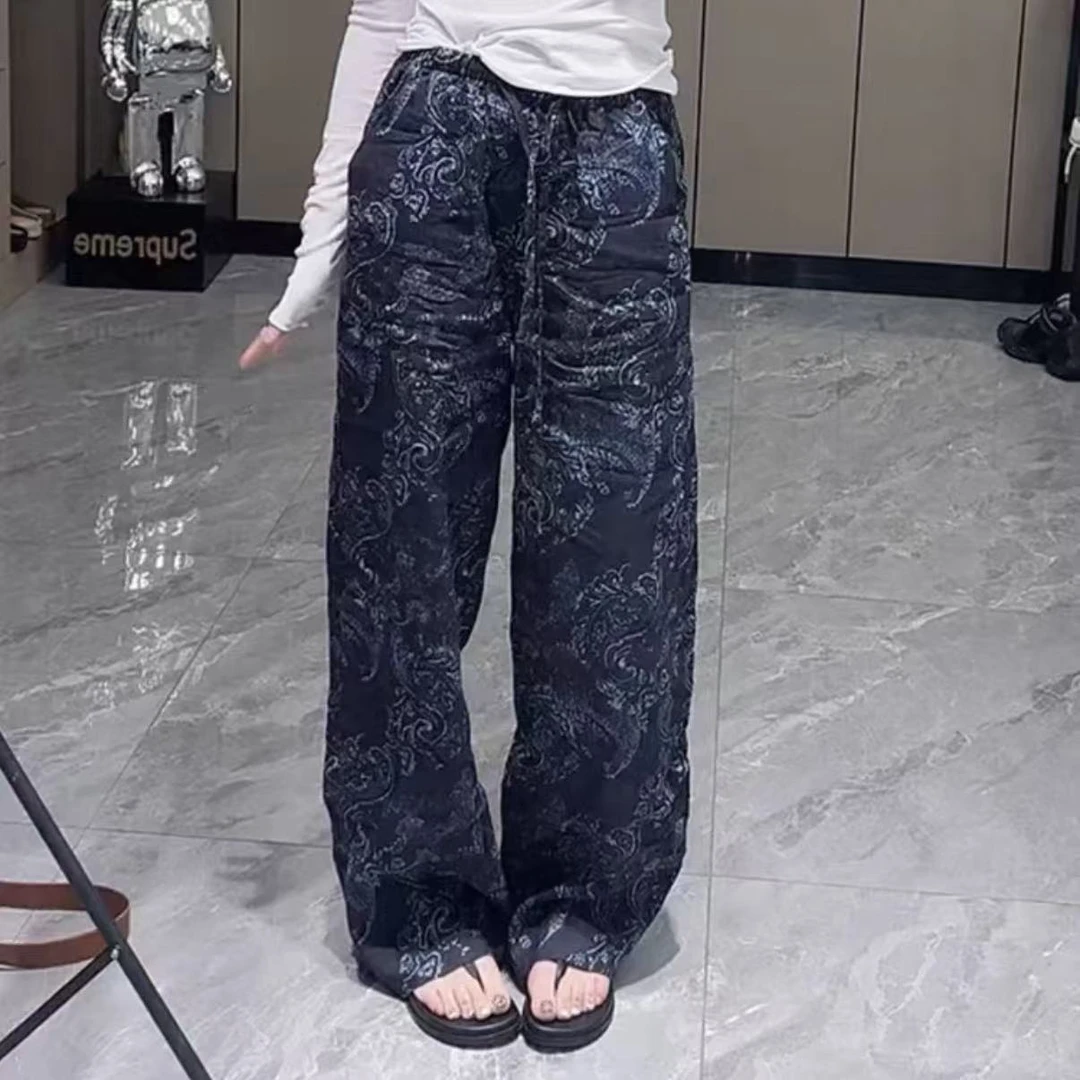 【紫色腰果】高腰印花休闲花纹拖地阔腿休闲裤.