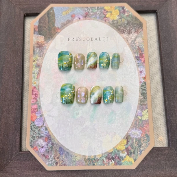 （绿花毯）伊克拉纯手绘油画艺术气质穿戴美甲