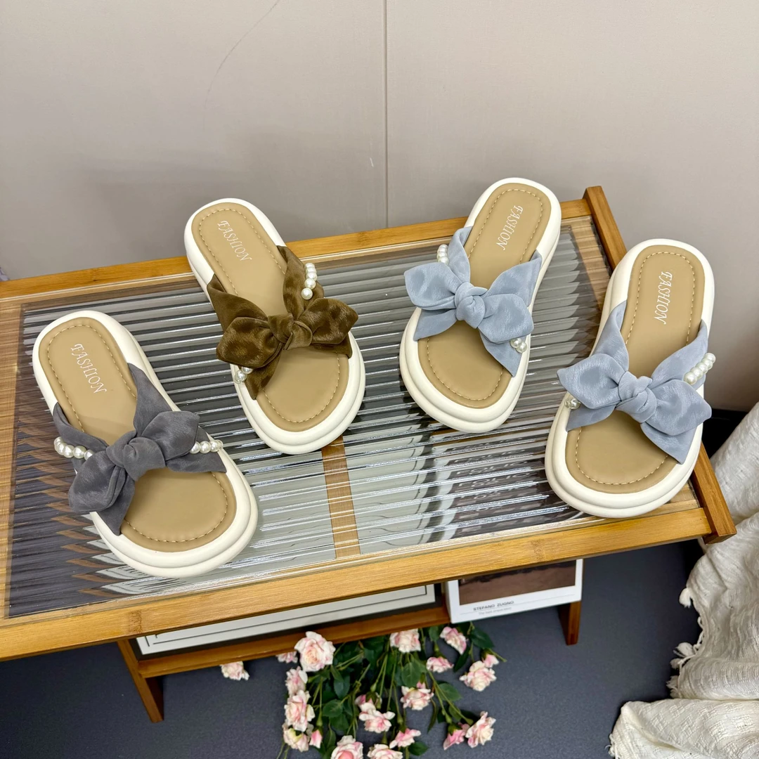 新款豹纹珍珠蝴蝶结凉拖鞋女厚底增高5CM2025时尚百搭外穿一字拖