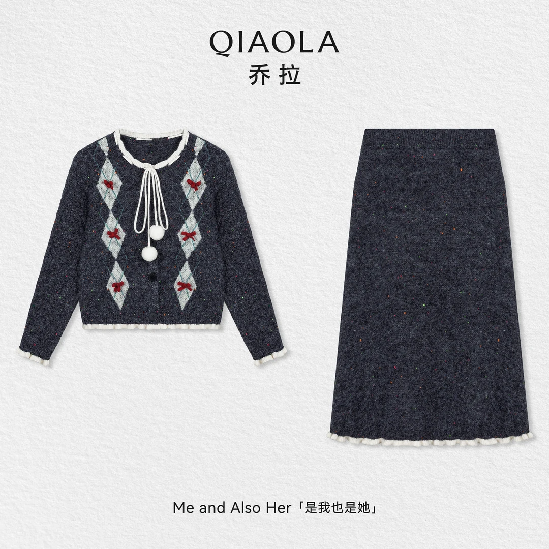 QIAOLA/乔拉【墨影柔歌】秋冬季羊毛菱形圆领上衣百搭半裙时尚套装