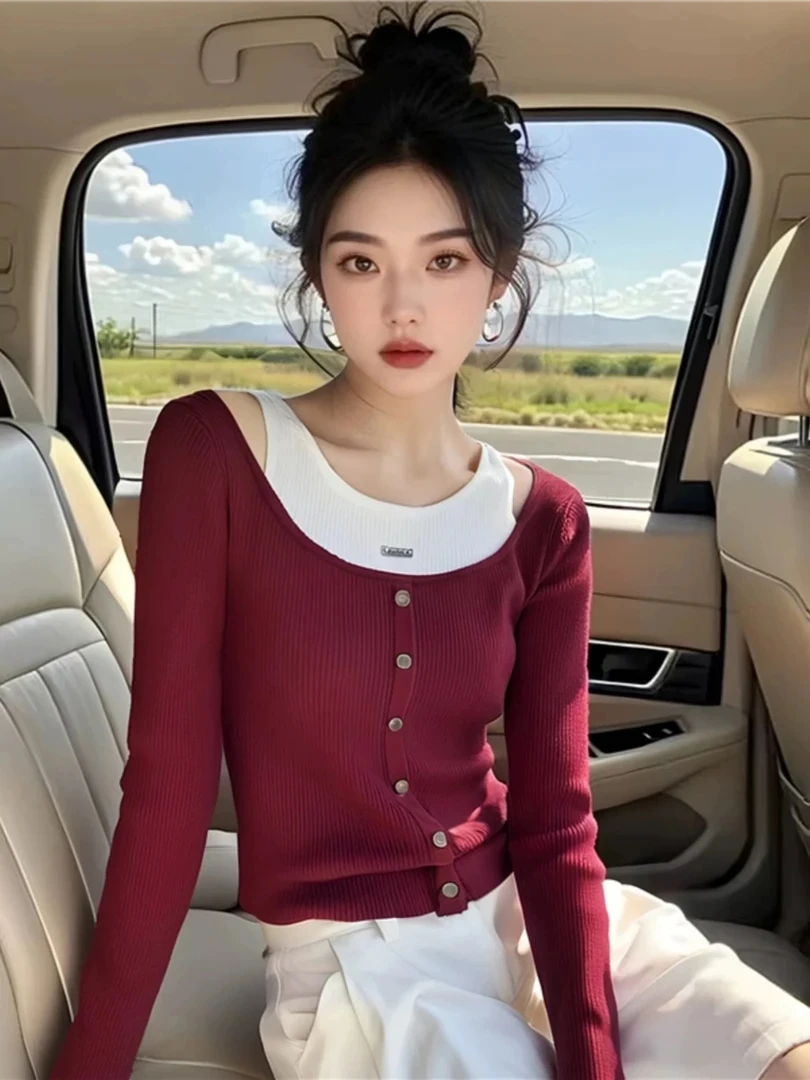 秋冬2025新款设计感减龄假两件上衣针织衫韩系复古显瘦女款毛衣女