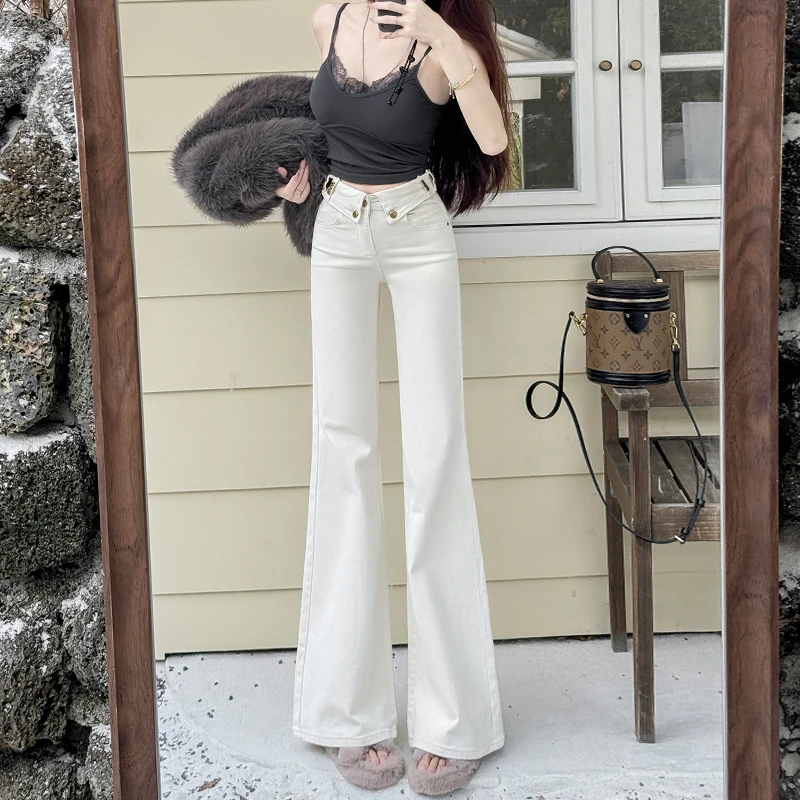 米白高腰微喇牛仔裤女2025年夏季薄款显瘦弹力宽松垂感喇叭裤百搭
