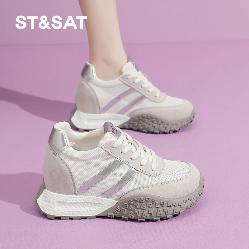 星期六内增高德训鞋2025夏季单网透气厚底运动休闲小个子女款跑鞋