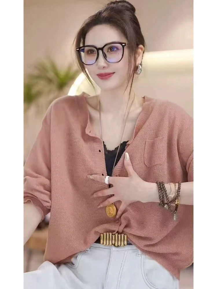 雪儿X5567P设计口袋麻料春款女士薄款针织衫长袖百搭纯色薄款显瘦