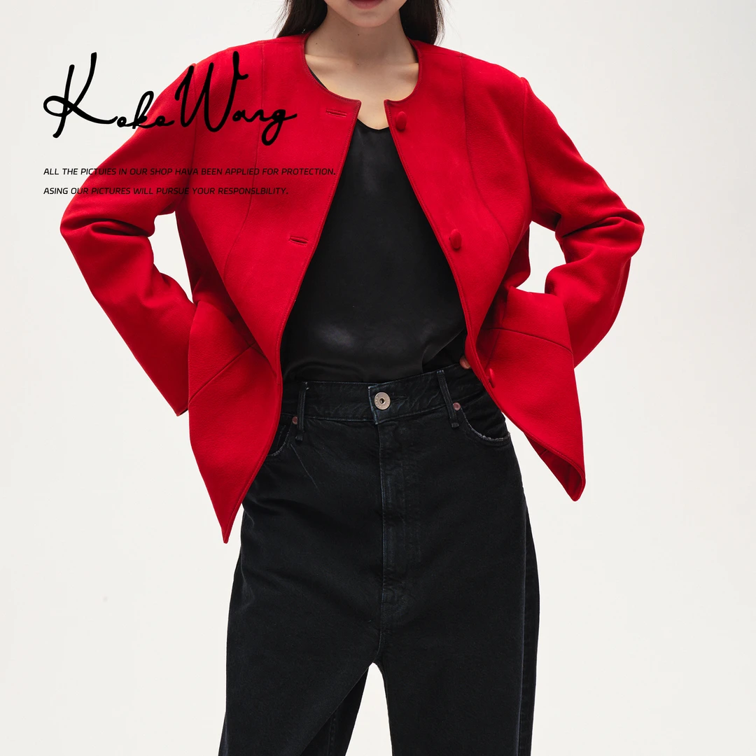 KOKO WANG秋冬时尚定染哑光进口A+羊皮圆领皮衣外套N0685F09W42