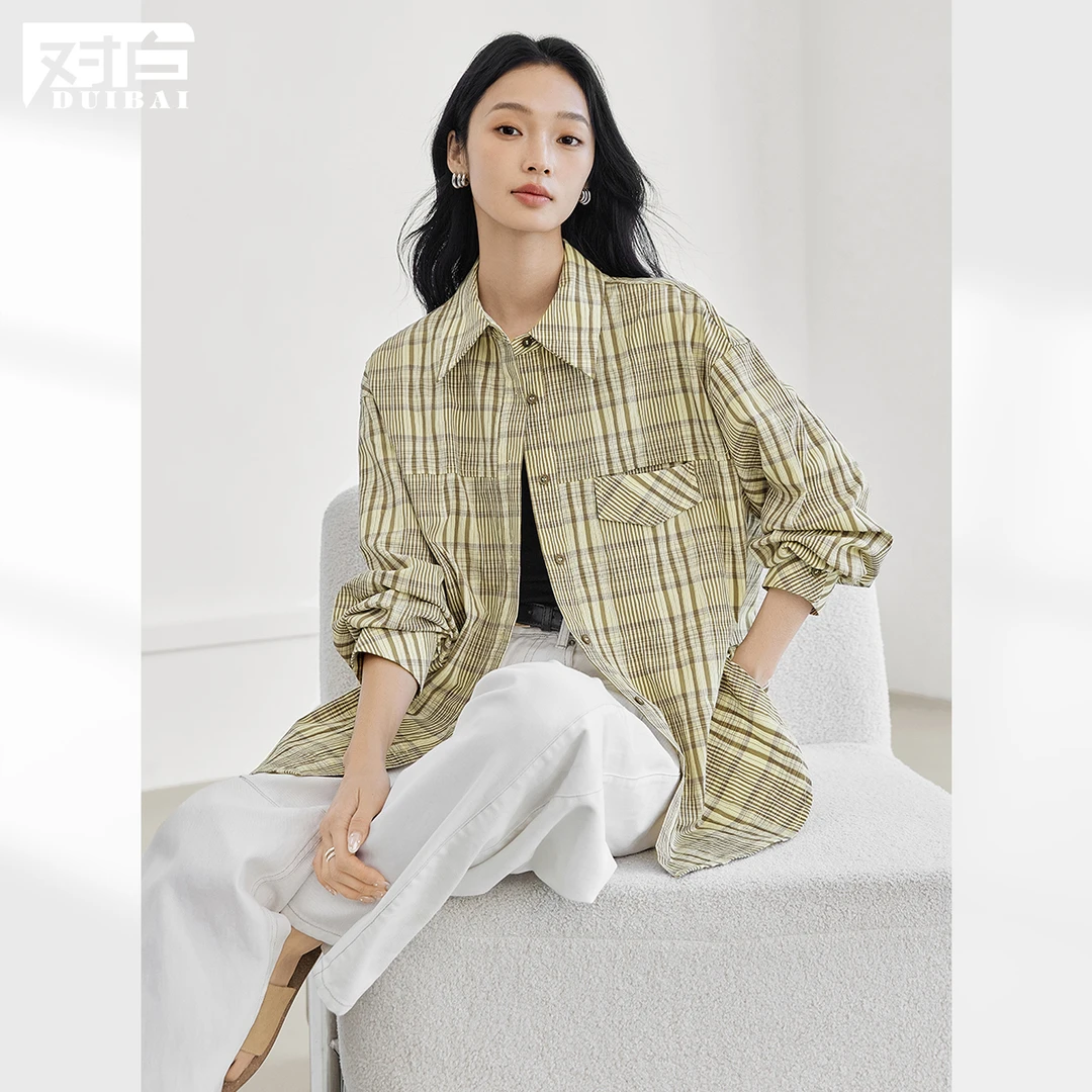 【女装优选WL】对白格纹衬衫女2025秋慵懒松弛感休闲衬衣外套FDC169