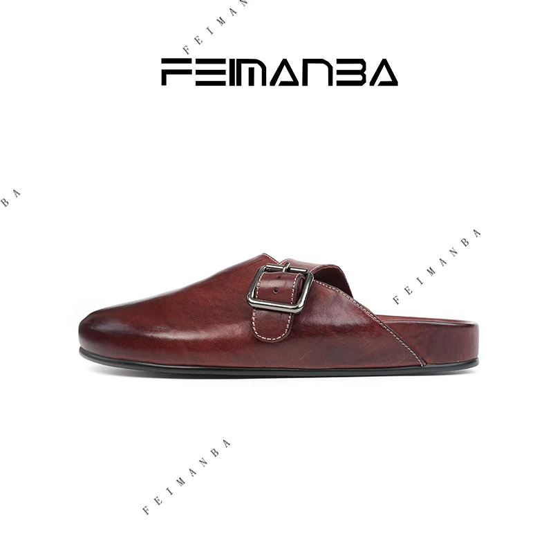 FEIMANBA 水洗做旧马皮勃肯拖鞋半拖女