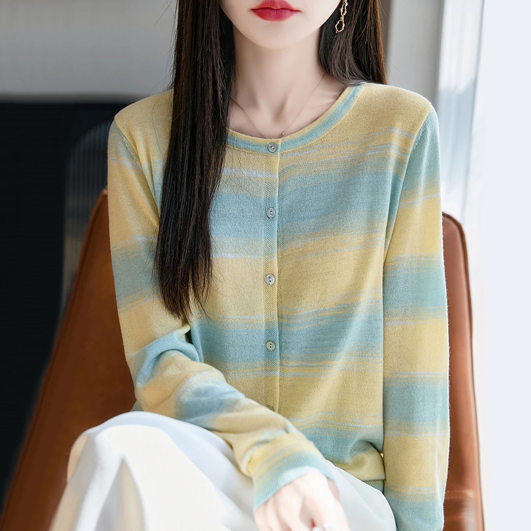 秋季新款时尚圆领拼色羊毛针织开衫外套女宽松洋气薄减龄毛衣外搭