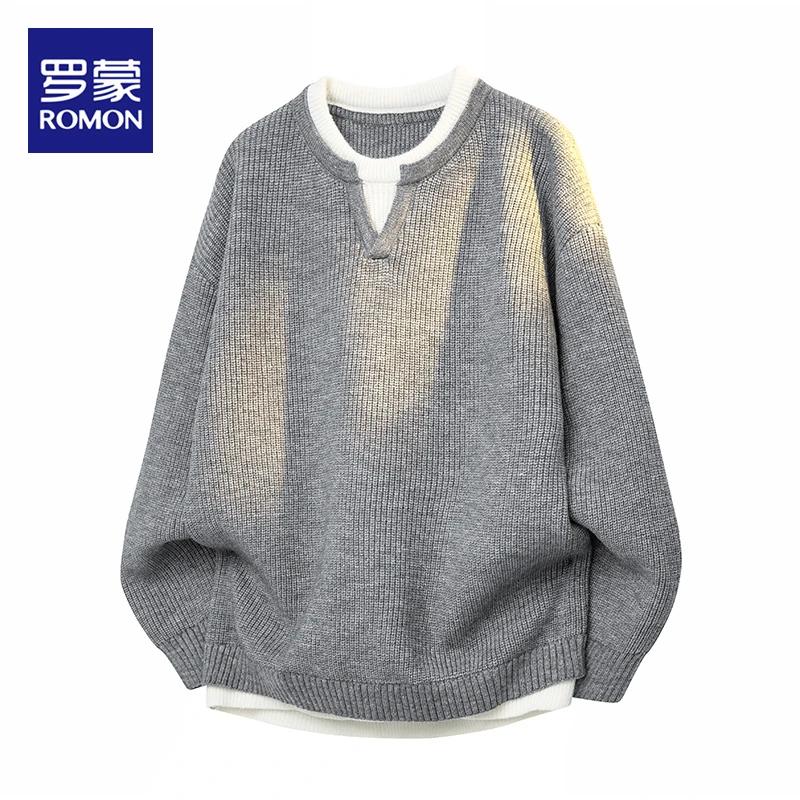 罗蒙美式休闲毛衣男士假两件潮流2025帅气针织衫秋冬季休闲套上衣