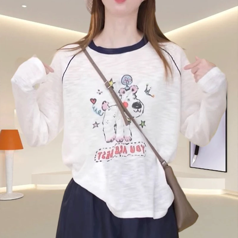 时尚卡通印花长袖女士t恤小衫夏季薄款防晒衣显瘦圆领白色上衣ins