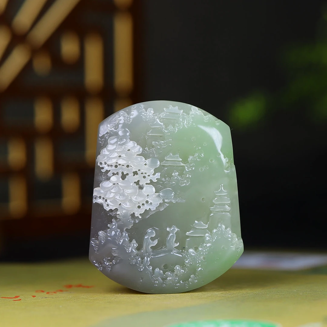 92529和田玉翠青山水牌