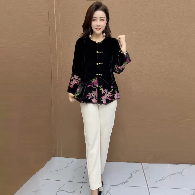 53080上衣新款宽松时尚洋气拼接显瘦丝绒设计薄款七分袖打底衬衫