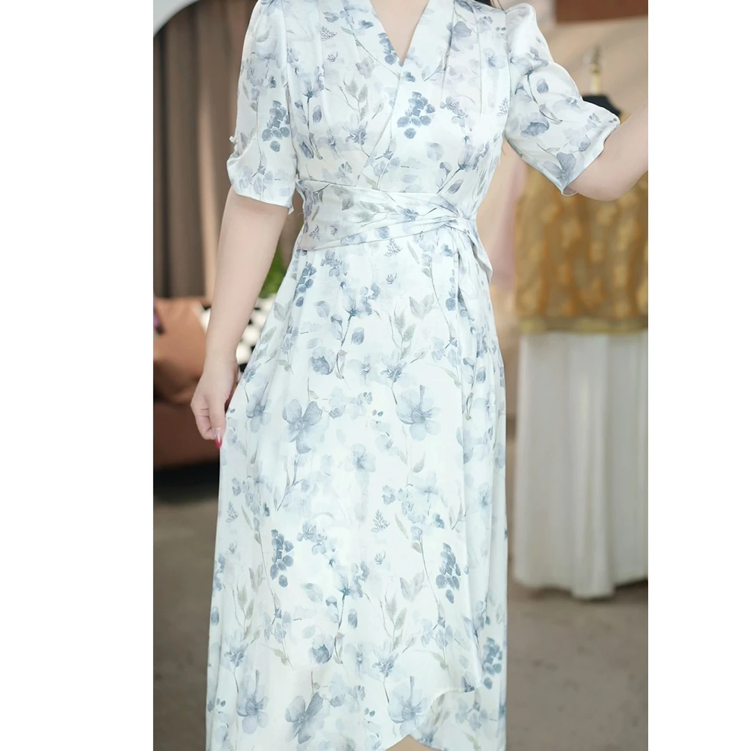 【HL63】夏季碎花温柔风收腰甜美短袖a字连衣裙女高级感