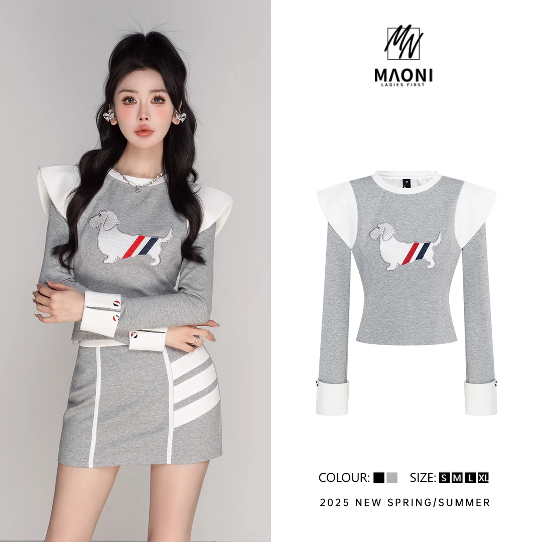 毛妮Peshe【腊肠狗狗单上衣】撞色潮牌运动设计感休闲修身T恤L1326