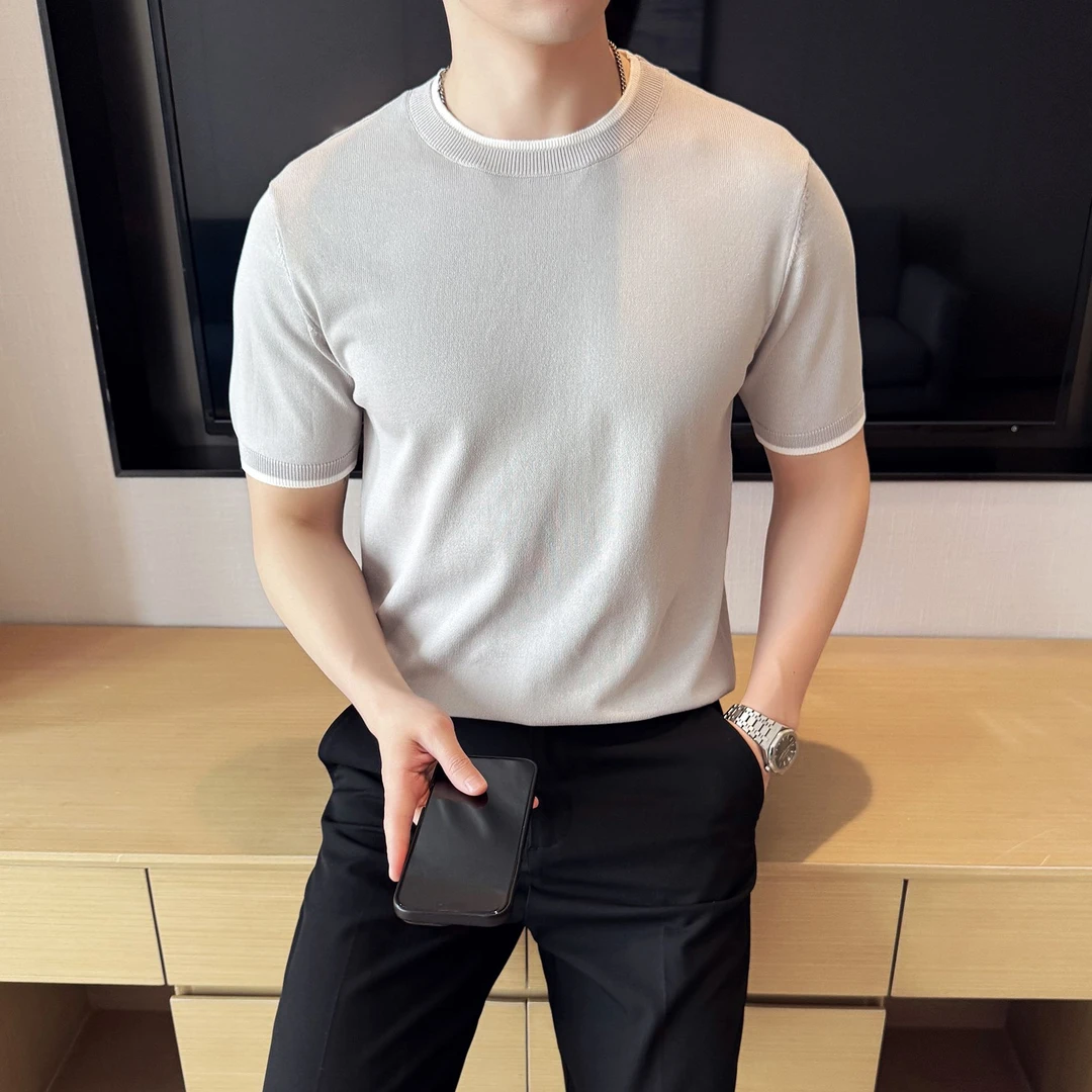 夏季t恤男短袖套头打底衫男针织衫韩版修身男士圆领纯色半袖上衣