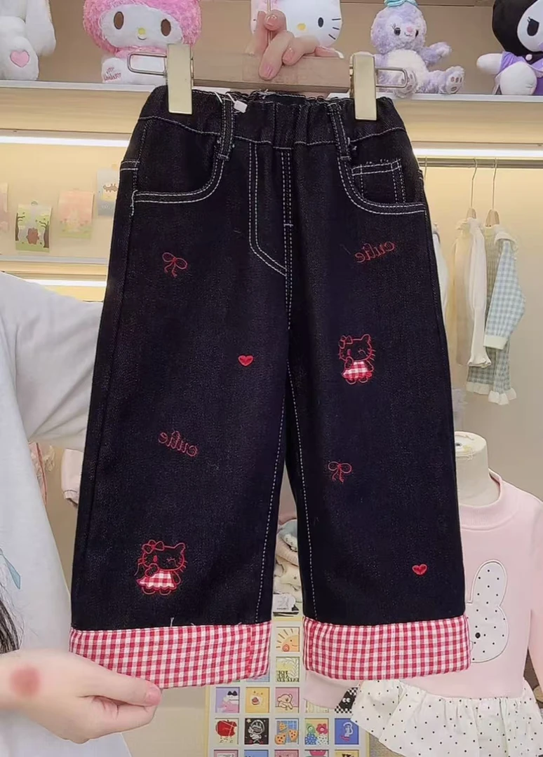 【谷谷家】深色红格子KT猫牛仔裤