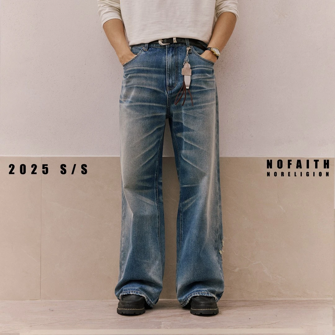 NOFAITH水洗蓝A字版型牛仔裤男秋新款做旧宽松直筒休闲长裤NK5232