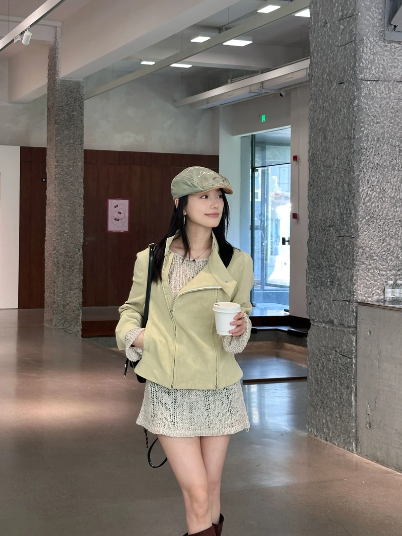 “Yellow柠檬黄”美式复古美拉德设计感麂皮外套女短款上衣夹克秋季