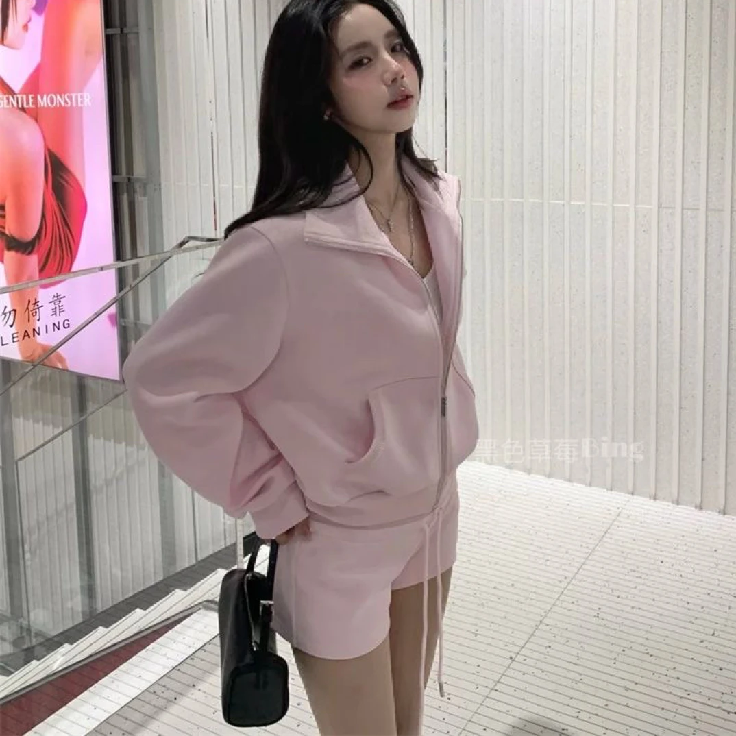 韩系慵懒风字母印花翻领长袖拉链卫衣外套女春季高腰直筒短裤套装