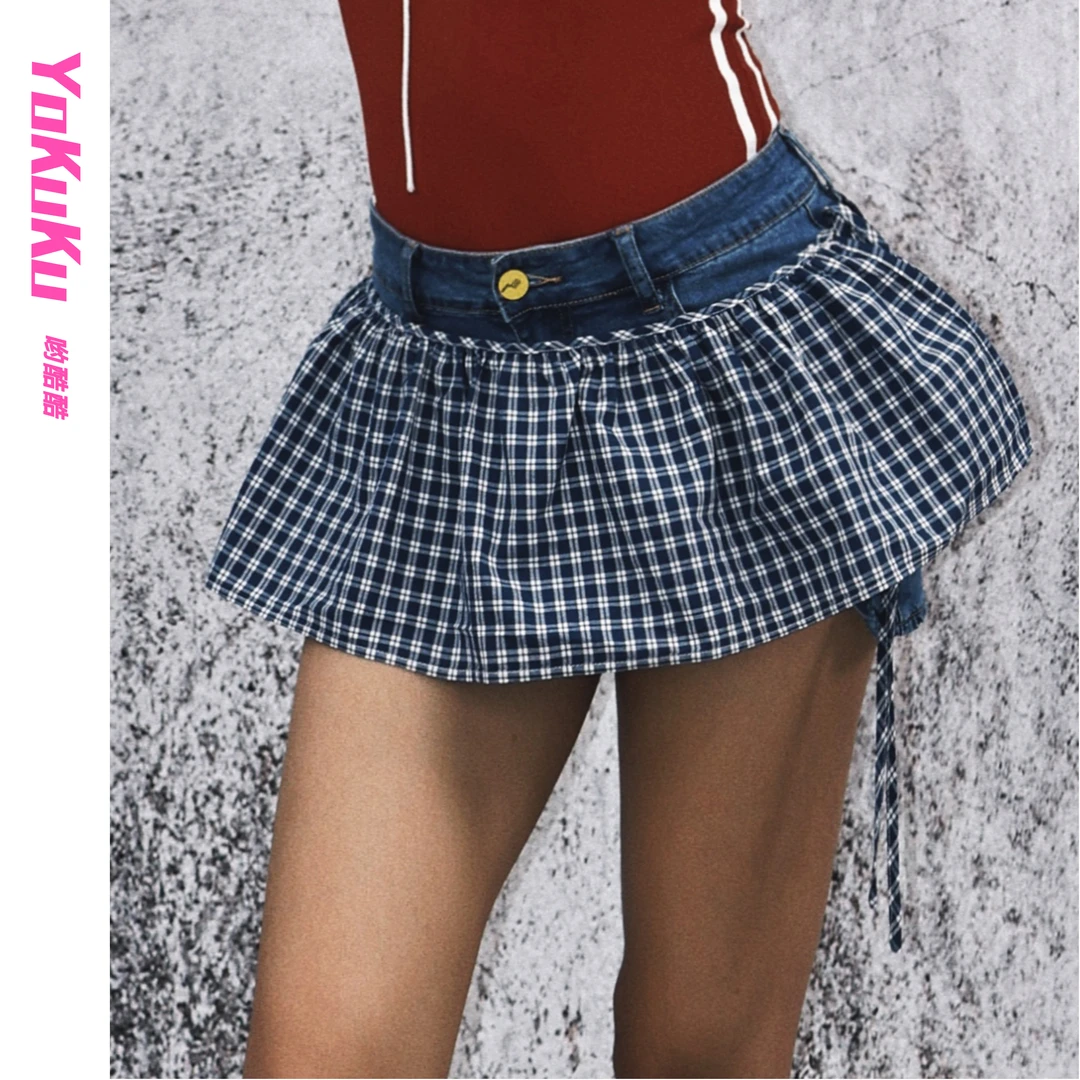 哟酷酷（褶皱银河）复古一片式叠穿格纹系带百搭半身配饰裙