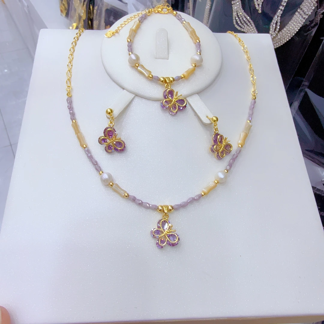 钛钢亚克力项链 新款时尚手工三件套首饰珍珠蝴蝶款