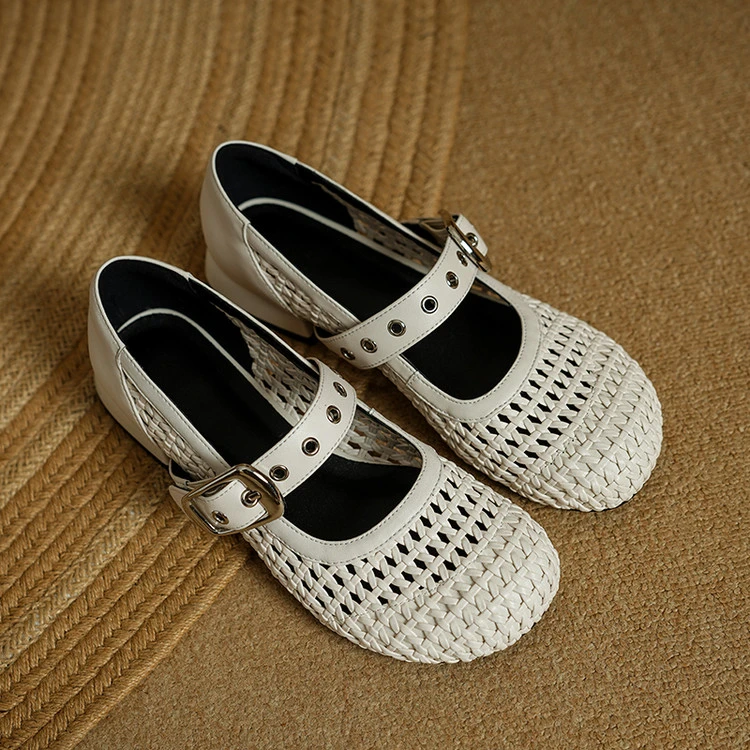 【艾思】2.5cm夏季透气时尚镂空玛丽珍粗跟包头软底单鞋女款凉鞋