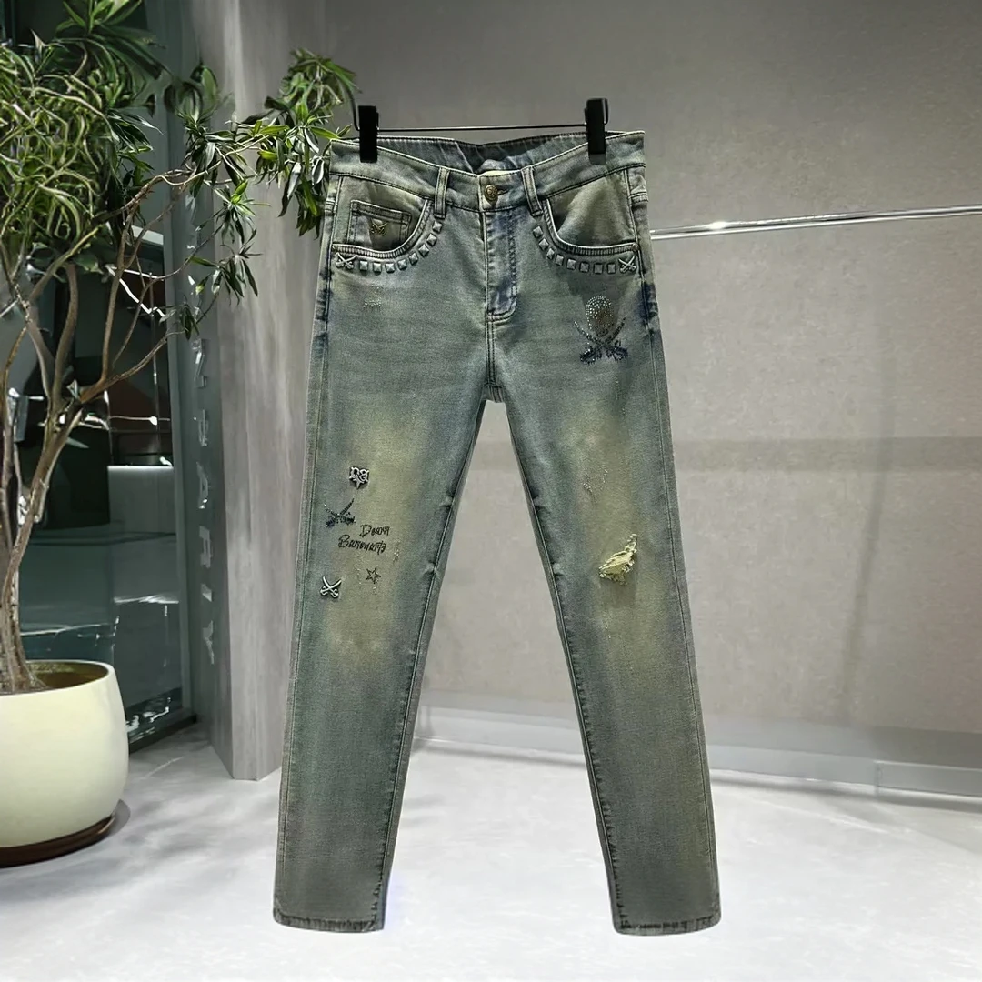 复古微弹力男春夏奢潮修身牛仔裤裤子潮流百搭牛仔裤男士设计师款