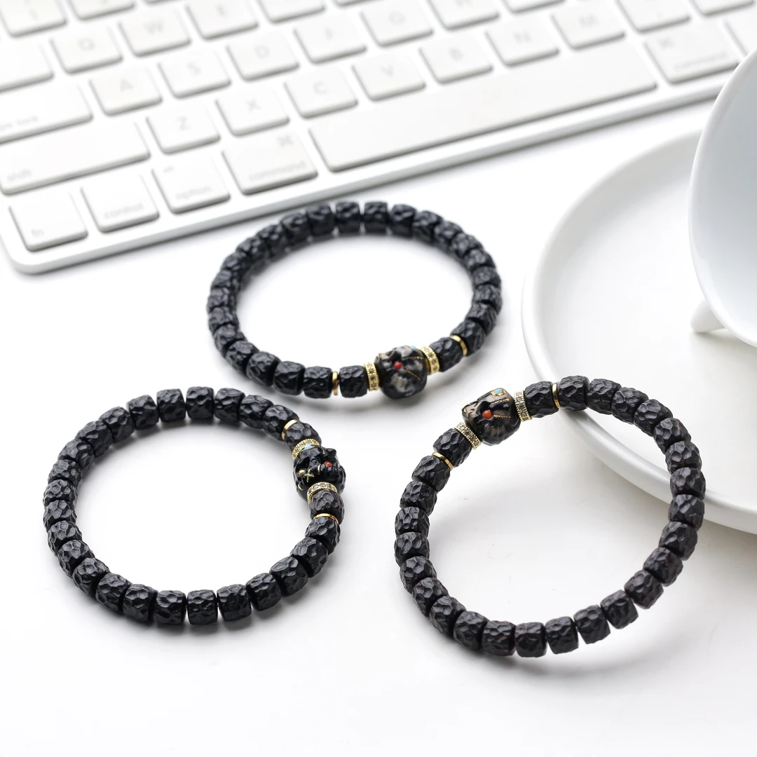 百顺文玩 黑金椰蒂-阿呆款-中式轻奢乱山无相椰蒂手串搭玛瑙阿呆