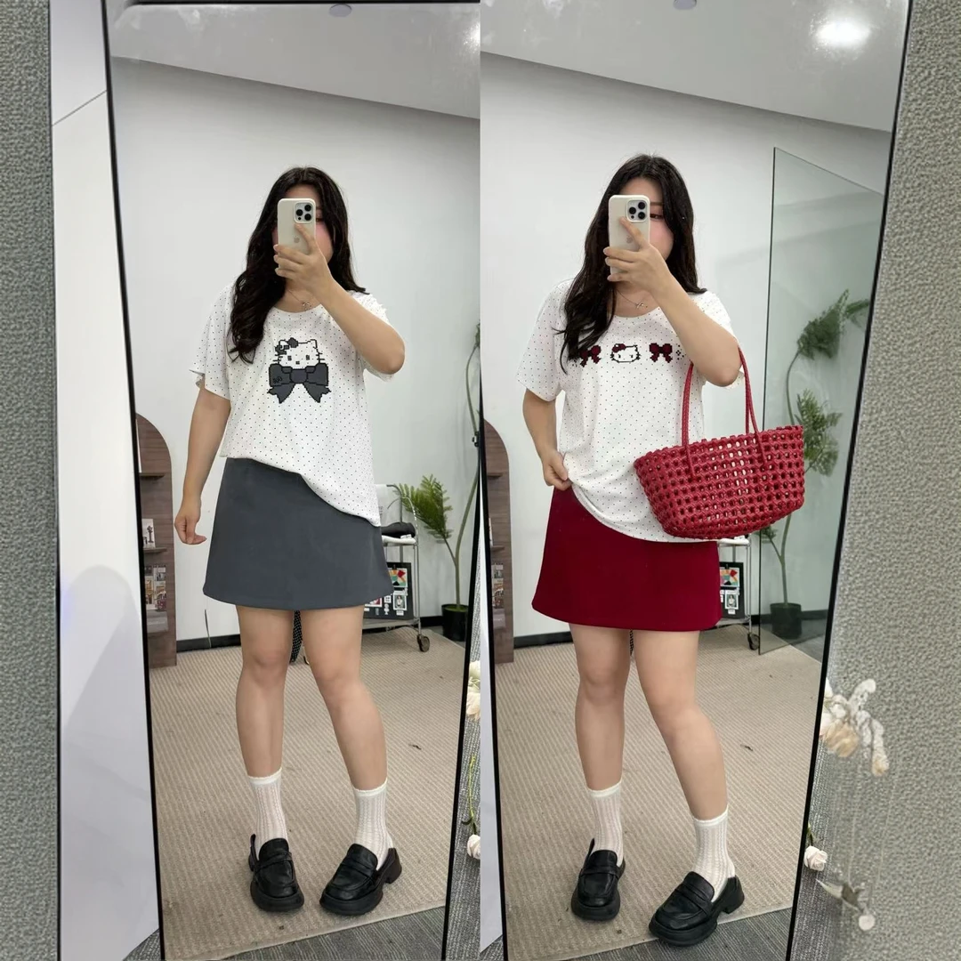 【陈鱼白】卡通猫咪印花斜肩短袖波点T恤女夏季宽松设计感甜辣白色