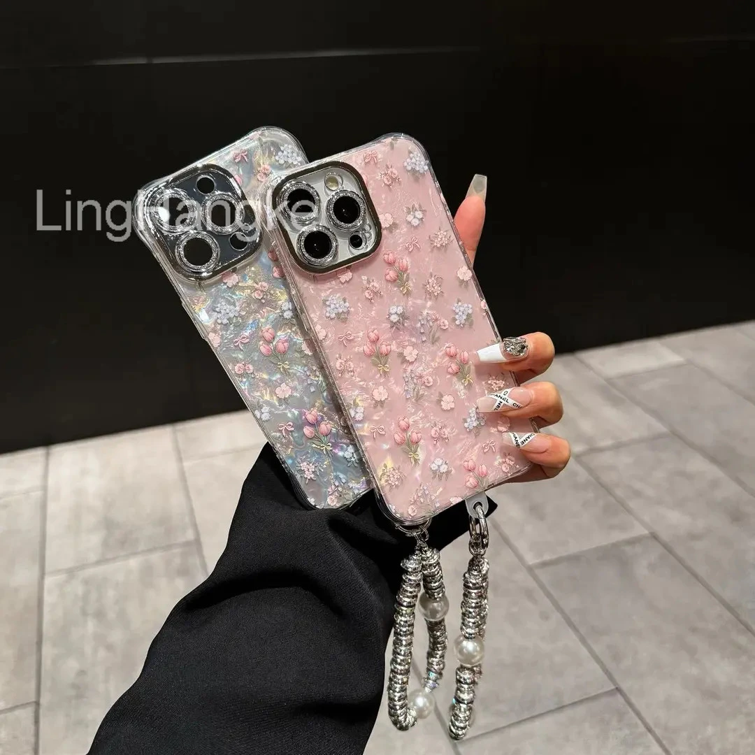 郁金香花朵贝壳纹适用苹果16pro/16promax手机壳轻奢挂绳15/14/13
