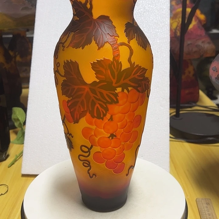 手工艺品琉璃鸡油黄雕刻花瓶花器高30口8