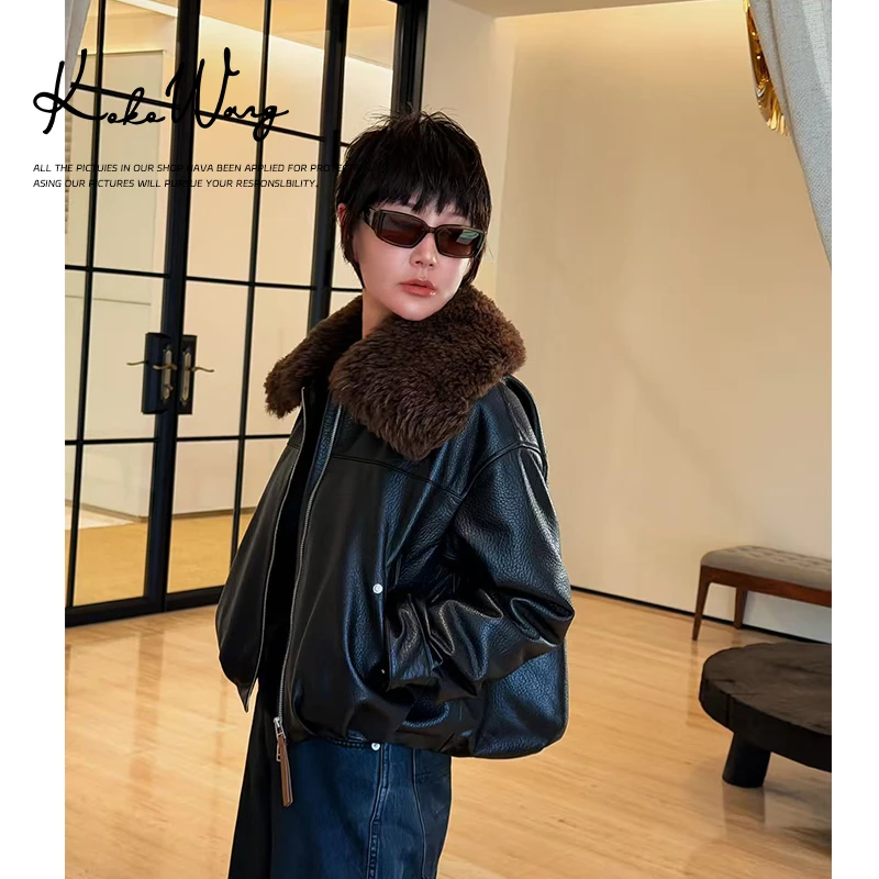 KOKO WANG冬季轻奢拼接羊毛领拉链夹克皮鹅绒外套X0685L20W44