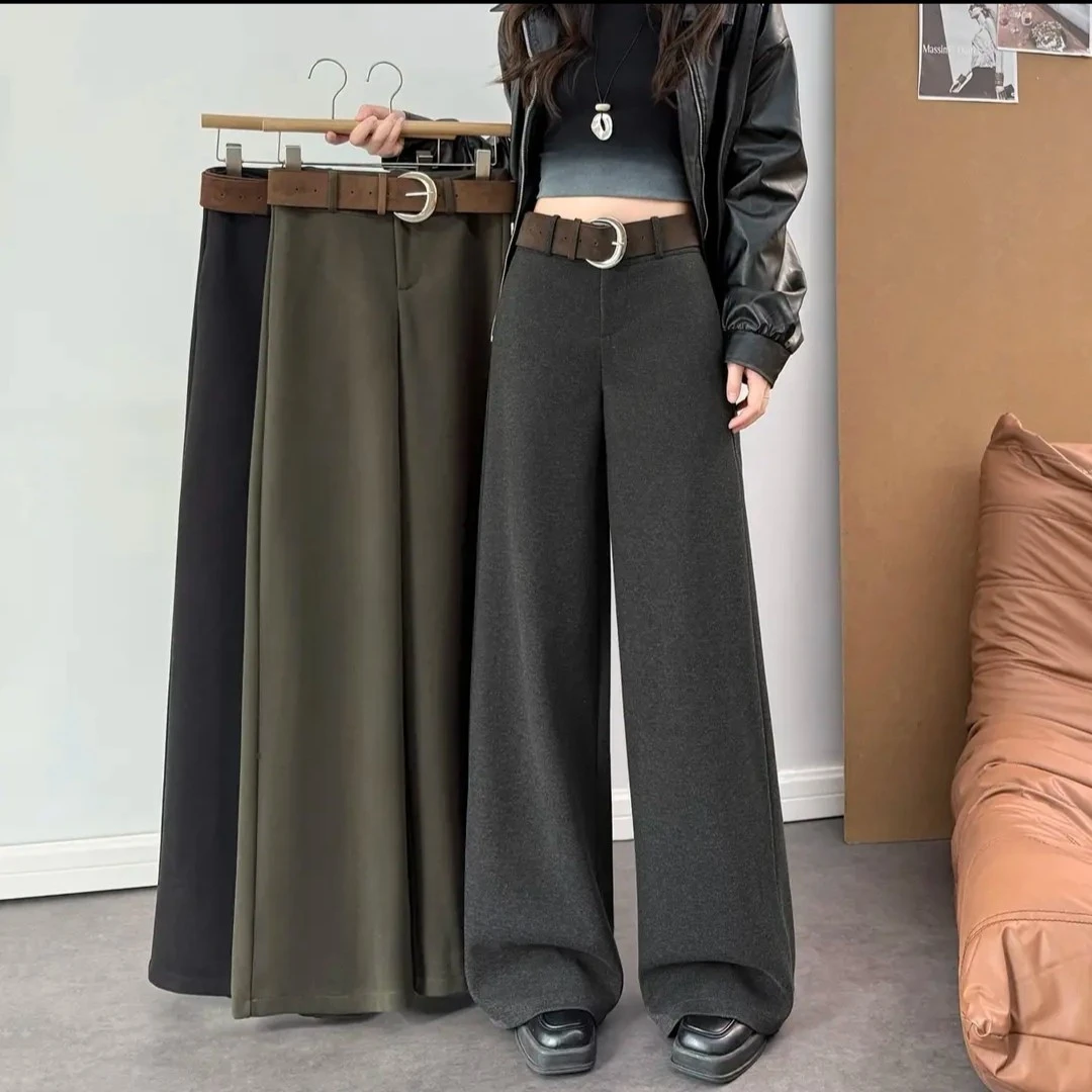 秋冬新品毛呢阔腿裤高腰直筒显高时尚气质休闲长裤送腰带宽松百搭