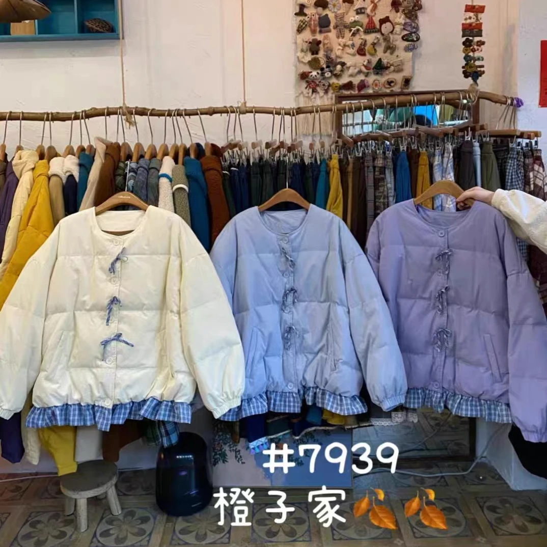 橙子25冬日系可爱格子花边蝴蝶结加厚羽绒服外套森女花边花苞