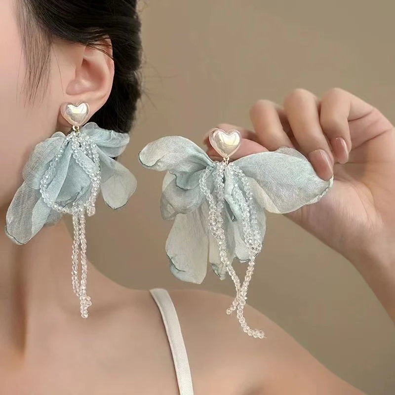 非金属布艺耳饰 爱心雪纺流苏耳环甜美气质耳钉海边度假拍照耳饰