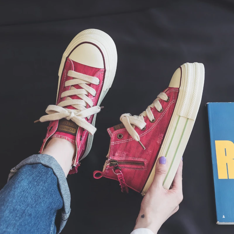 【LuYi】新款厚底百搭牛仔鞋休闲板鞋女高帮经典拉链设计感帆布鞋