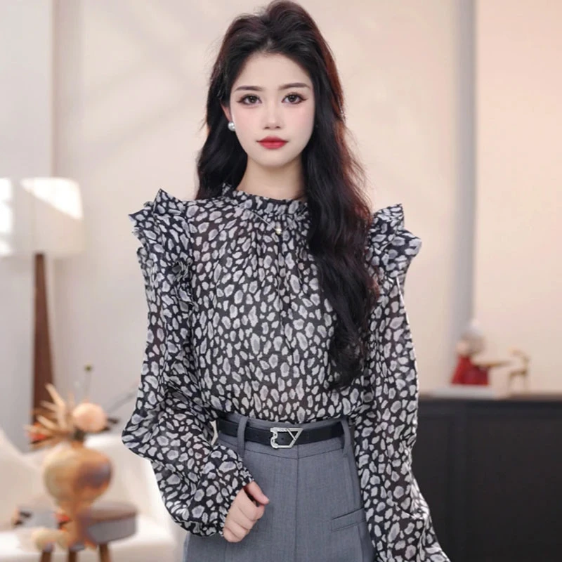 【商场同款】休闲印花荷叶边灯笼袖衬衫减龄薄款宽松衬衣女5300912