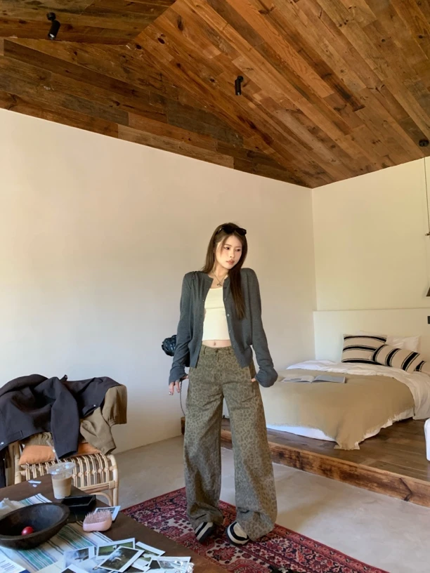 宅宅athome//美街自由 美式复古豹纹直筒阔腿休闲裤bf慵懒风裤子