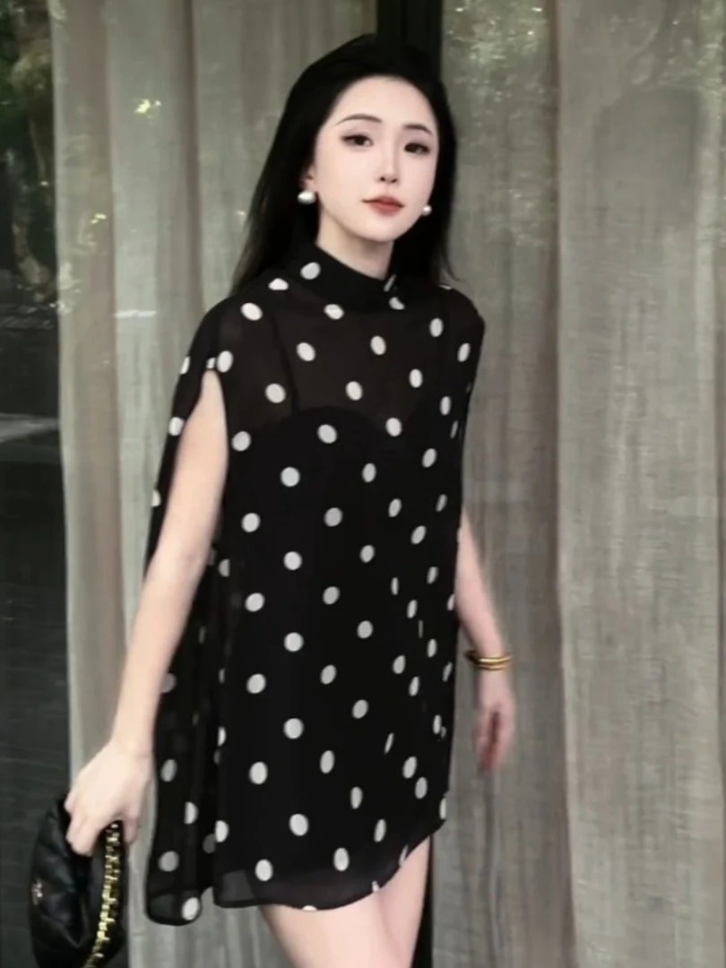 黑色波点无袖上衣高级感短裤女装时尚洋气时髦小个子气质百搭夏装