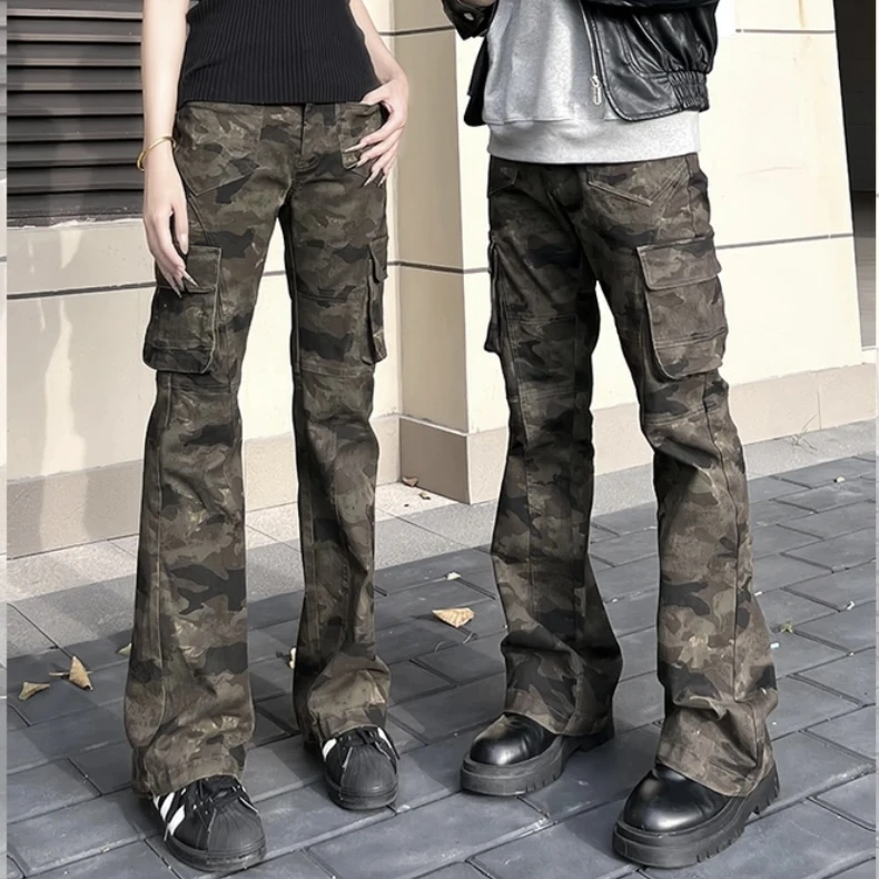 不吃香菜美式复古微喇叭迷彩工装裤男女2024秋季新款休闲马蹄裤子