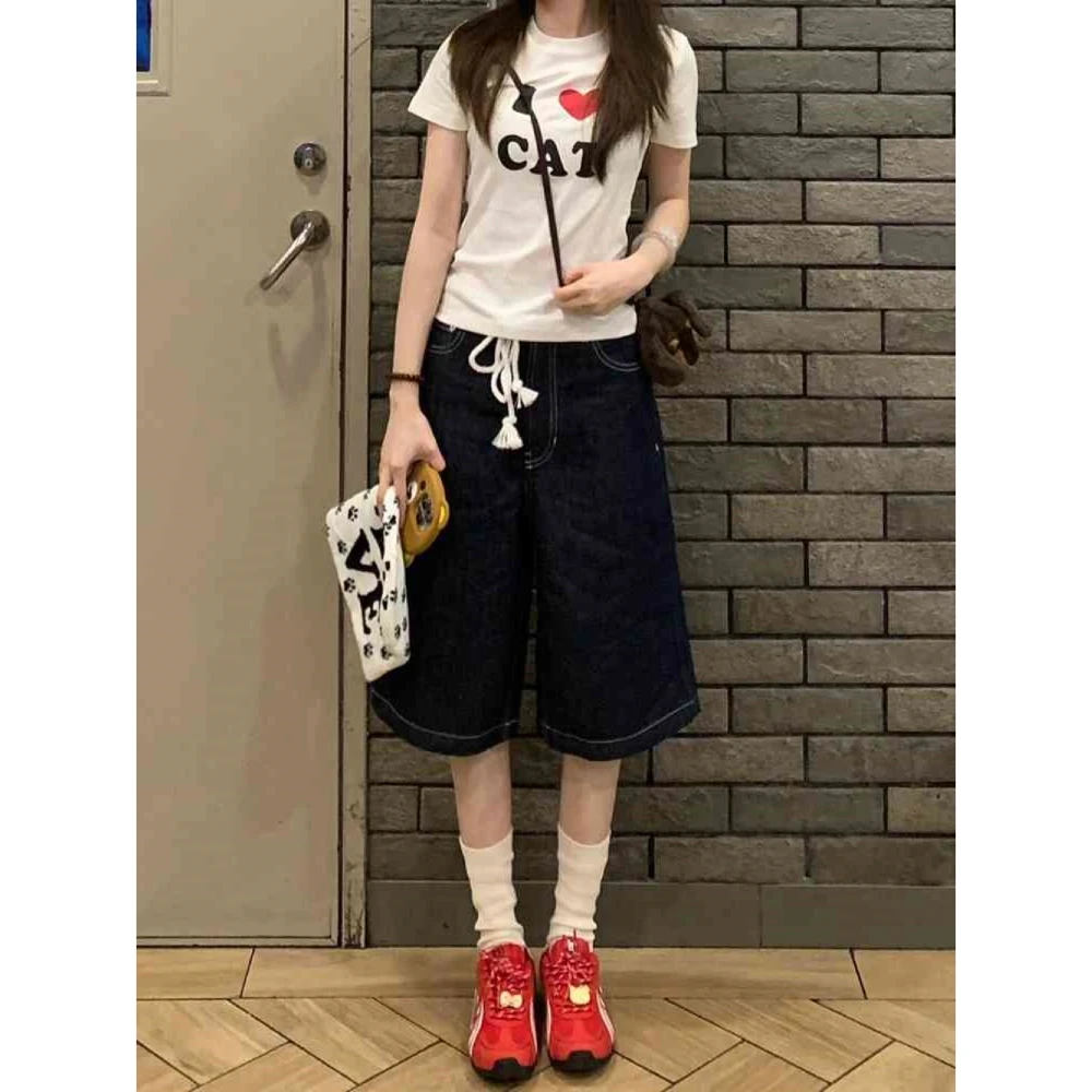 美式复古原色七分牛仔裤女2025夏季新款高腰宽松显瘦阔腿休闲裤子