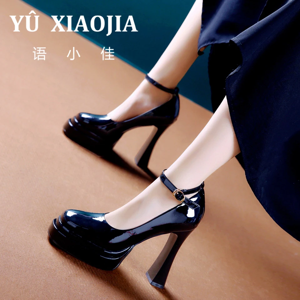 11CM[已开价]春季漆皮防水台一字带方头超高跟鞋女粗跟单鞋Y25937