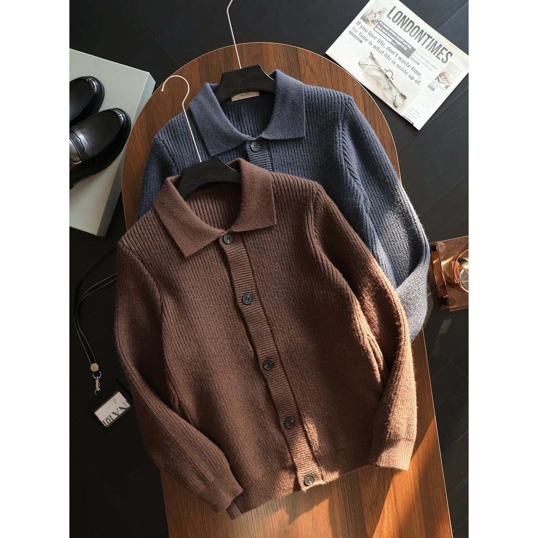 THON BERRY羊毛翻领针织开衫男士秋冬宽松慵懒风感毛衣外套潮