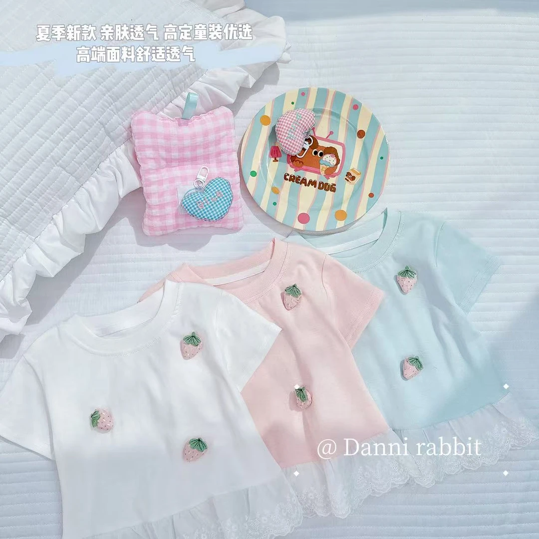 【Dannirabbit】*夏季女童百搭粉粉立体小草莓蕾丝花边T恤*X-7695