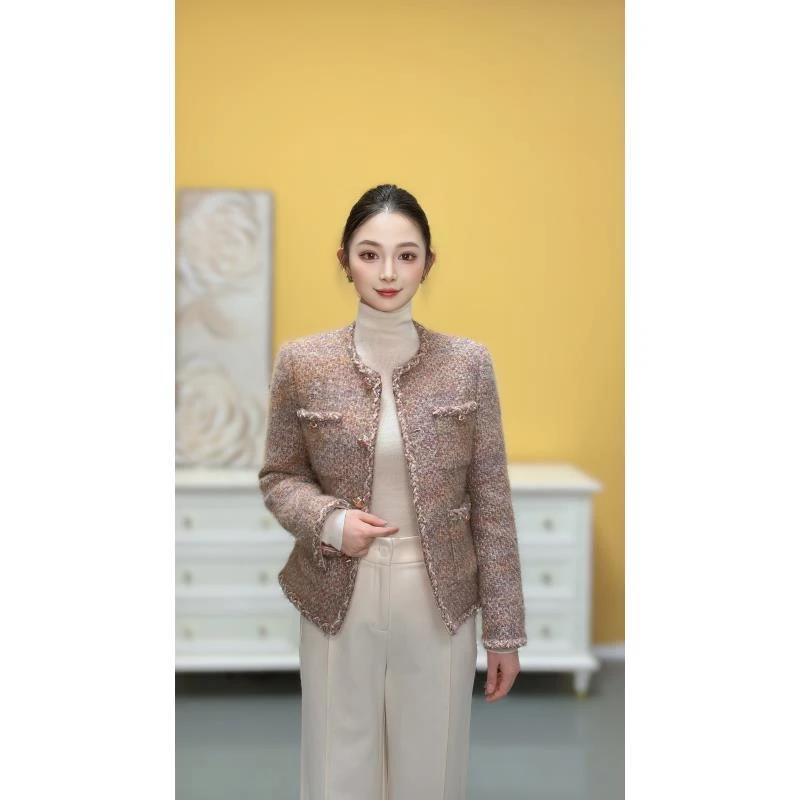 剀剀莉 初冬新款羽绒白鹅绒（幽梦）粉紫色绵羊毛长款圆领保暖外套